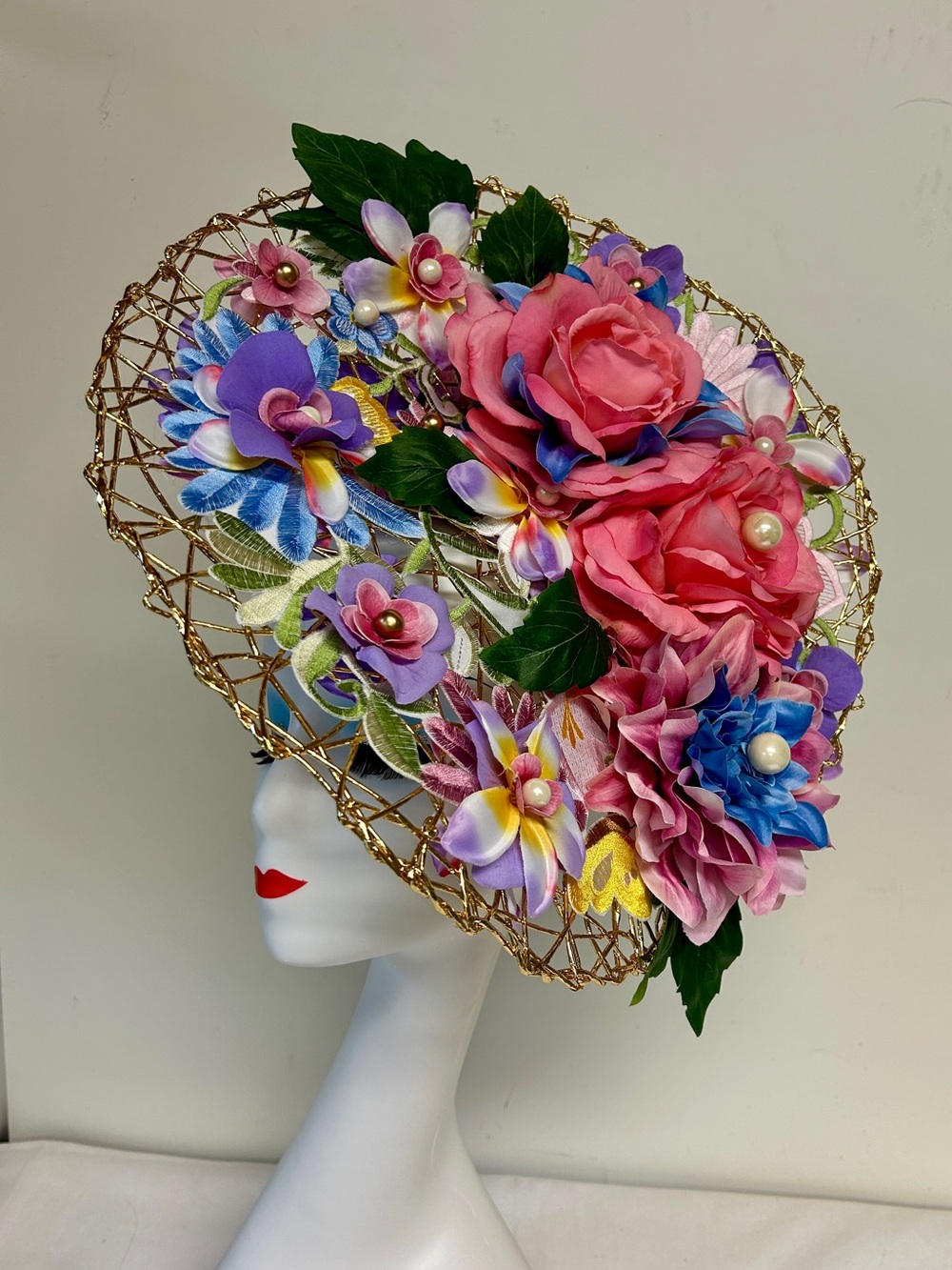 Kentucky Derby Oaks Floral Statement Fascinator with Pink, Blue & Purple Flowers